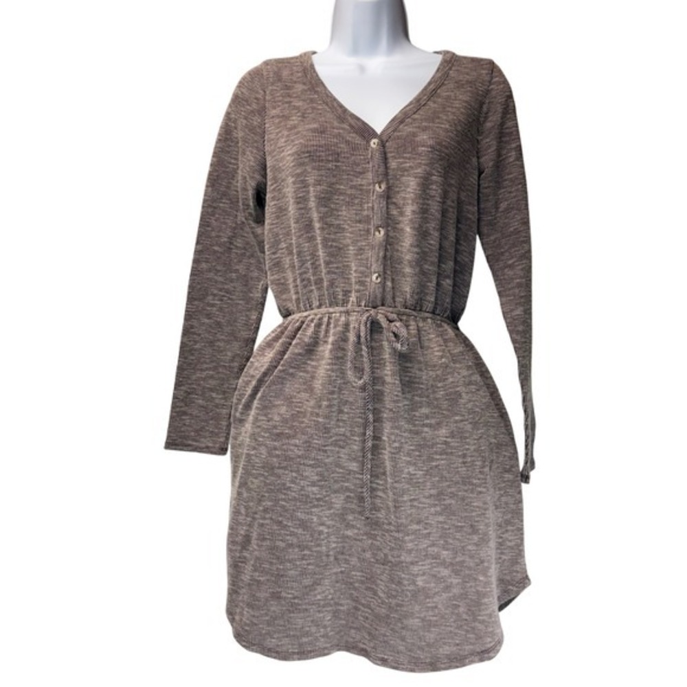 Gilli Women's S Brown Ribbed Button Front Drawstring‎ Waist Mini Dress Pockets